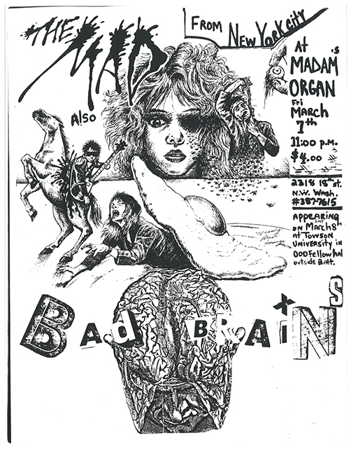 Black-and-white flier that includes various hand-drawn illustrations such as a woman's face, a rider on a horse, and a brain, and with stylized text throughout.