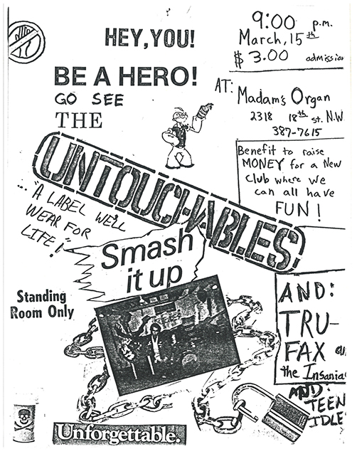 Black-and-white concert flier with different styles of text, illustrations, and a photo of the band performing.
